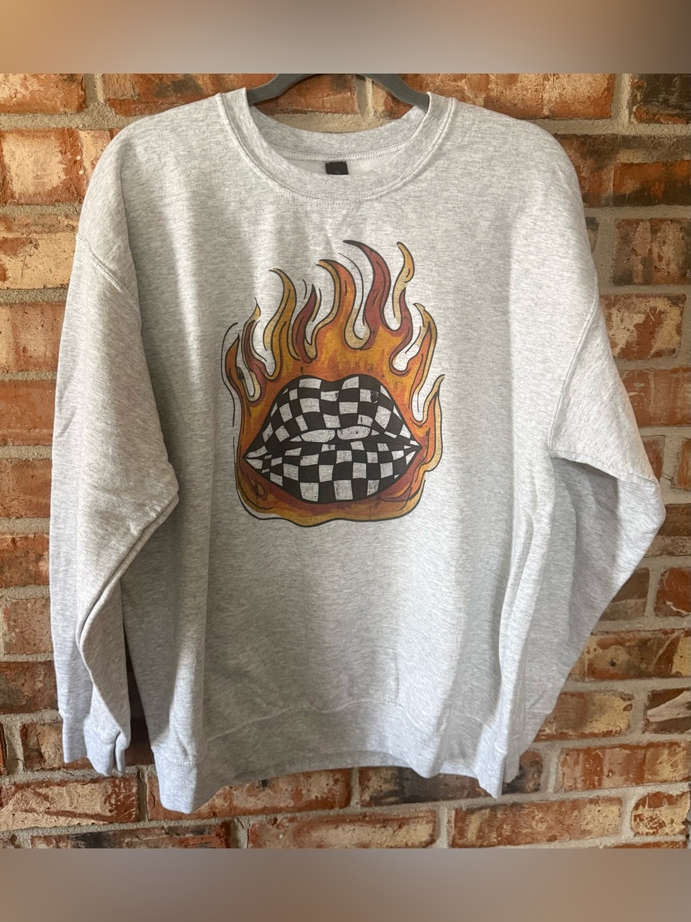 Gildan Ash Gray Crewneck with Checkerboard Flame Lips Graphic